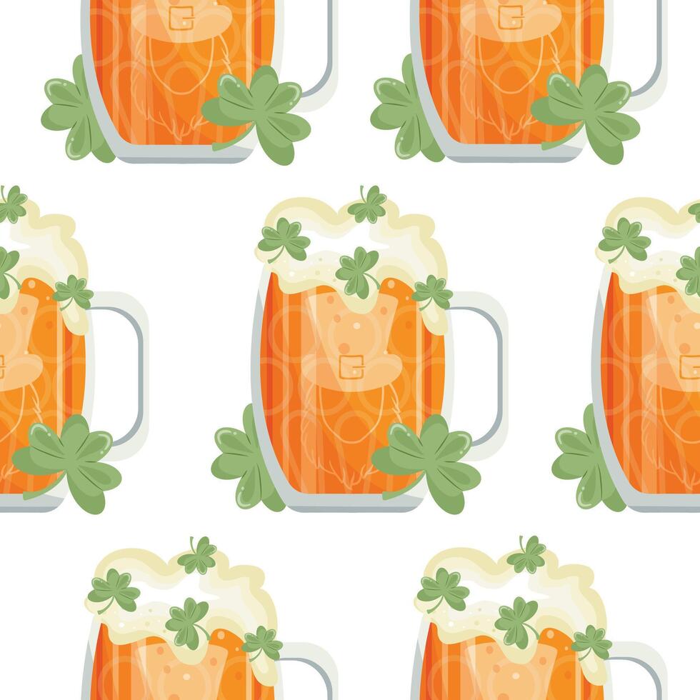 pattern with leprechaun face print round glasses with wheat beer and shamrocks, st patrick's day design vector