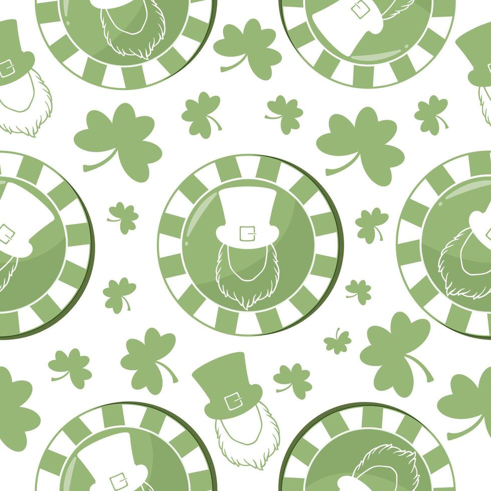seamless pattern with a bearded leprechaun face and green leprechaun print chips arranged randomly, for holiday designs for St. Patrick's Day vector