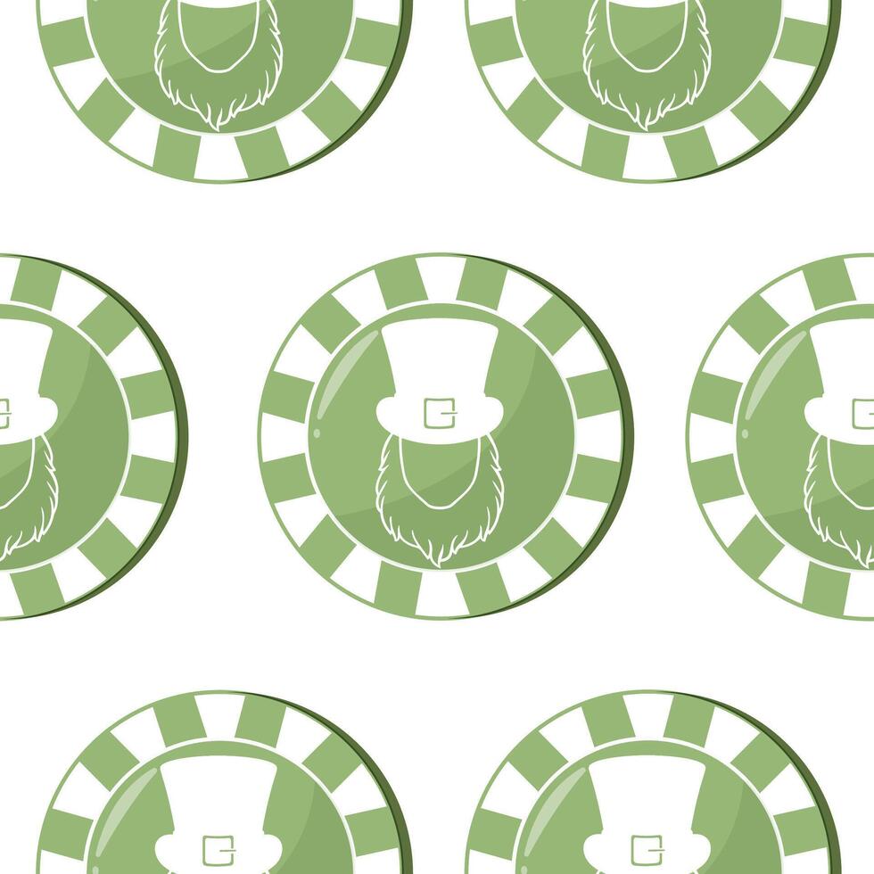 seamless pattern with poker green chips with bearded leprechaun face prints, for various holiday designs vector