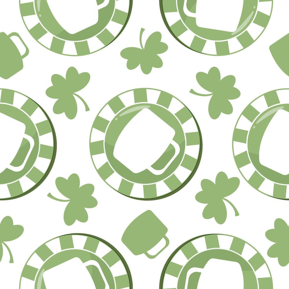 seamless pattern with poker green chips with prints of round beer glasses and shamrocks and mugs of beer arranged randomly for various holiday designs vector