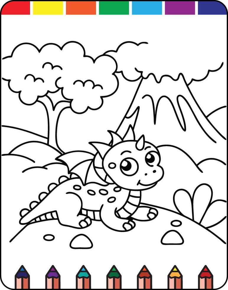 A coloring page with a dragon and mountain vector