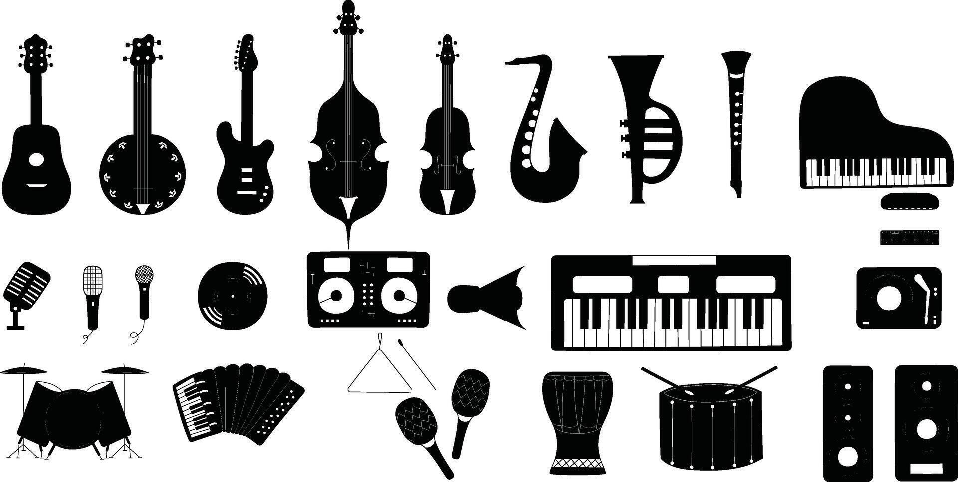 various musical instruments and musical instruments are shown in black and white vector