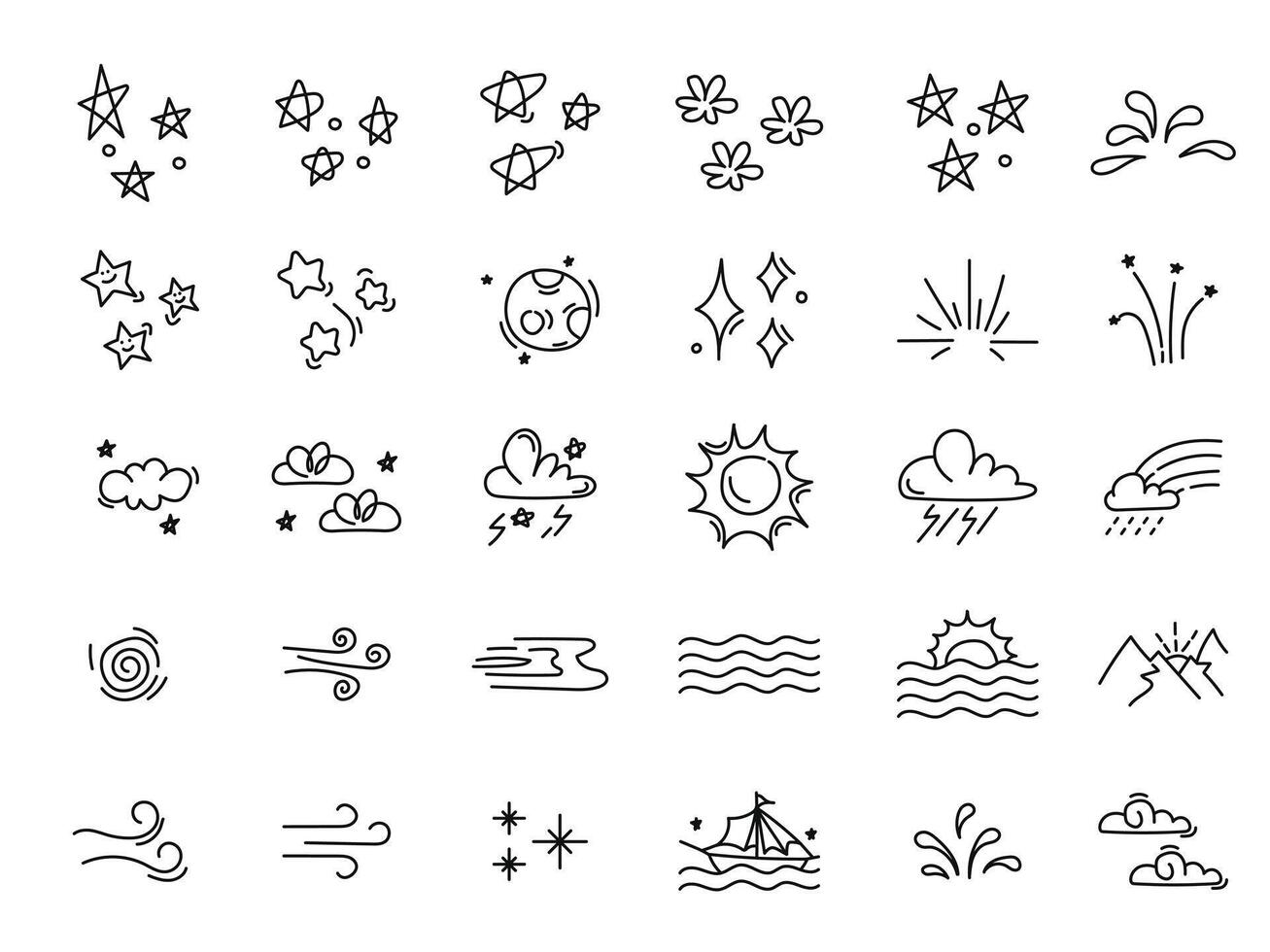 Doodle Nature hand-drawn weather outline icons with sun, stars, and clouds. illustration. vector