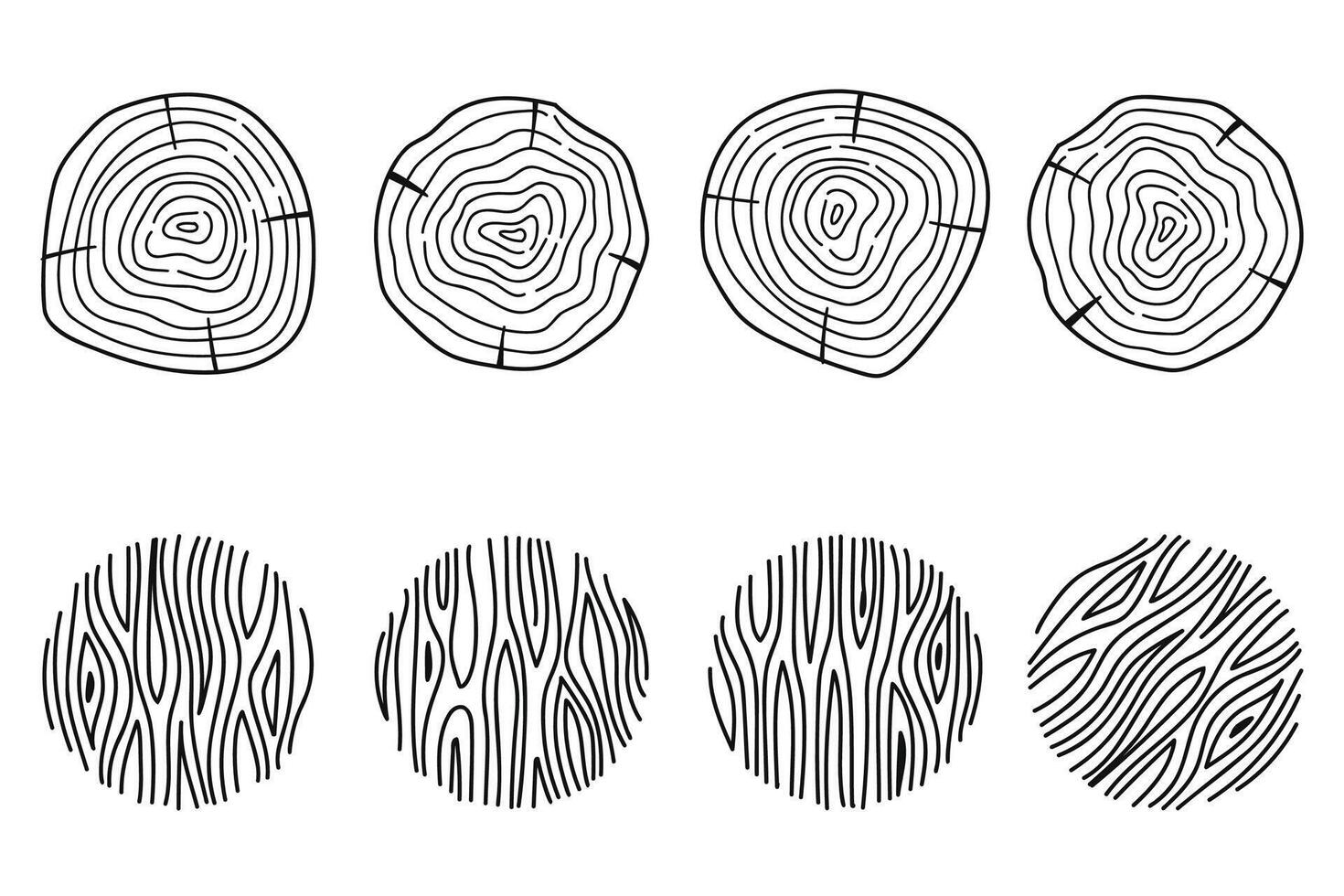 A set of abstract line art rings and wood textures. illustration. vector