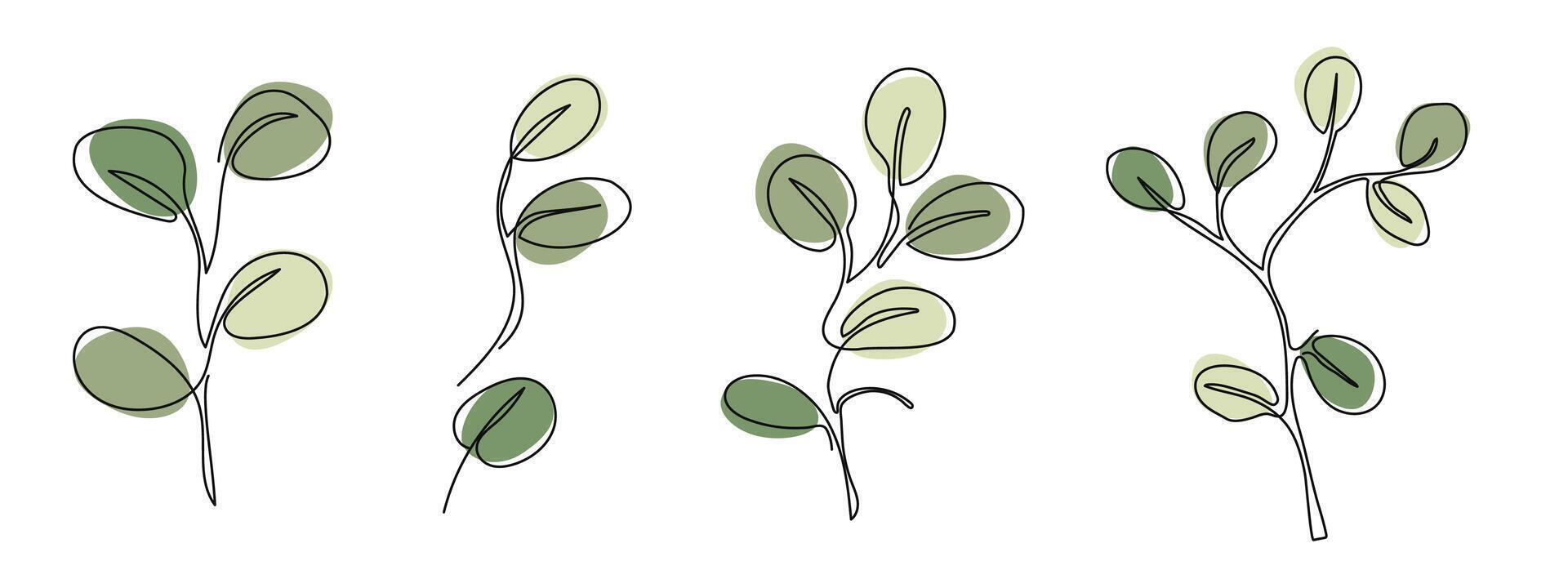 Set of Eucalyptus branches in modern single line art style. Continuous line drawing, aesthetic contour for home decor, posters, wall art, packaging. illustration vector