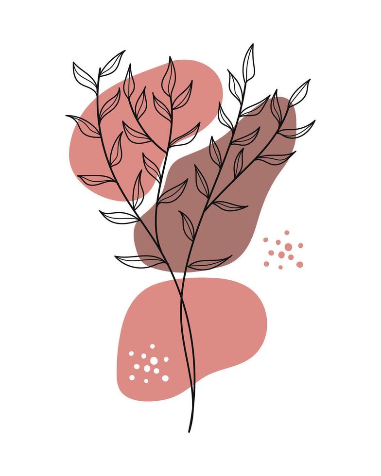 Botanical line art abstract flower and leaves wall art background illustration. vector
