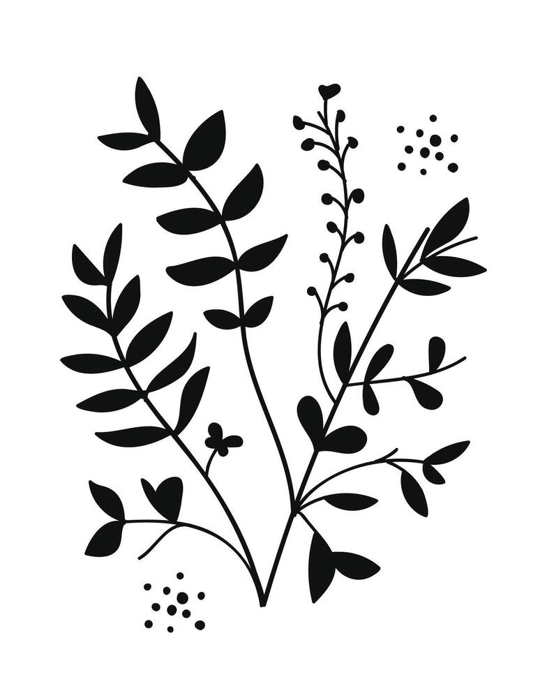 Silhouette Twigs with Leaves. illustration. vector