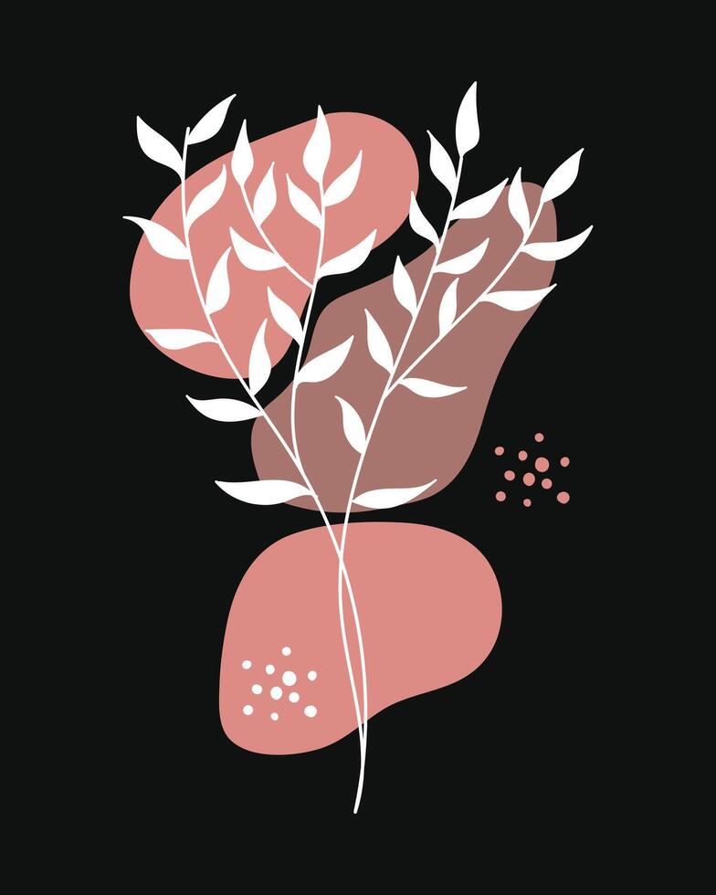 Botanical silhouette abstract flower and leaves wall art background illustration. vector