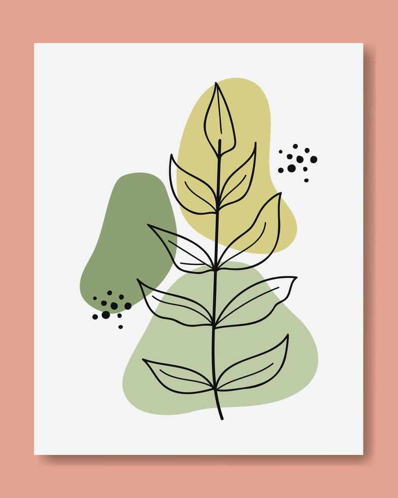 Botanical leaves line art with green stone.Wall art illustration. vector