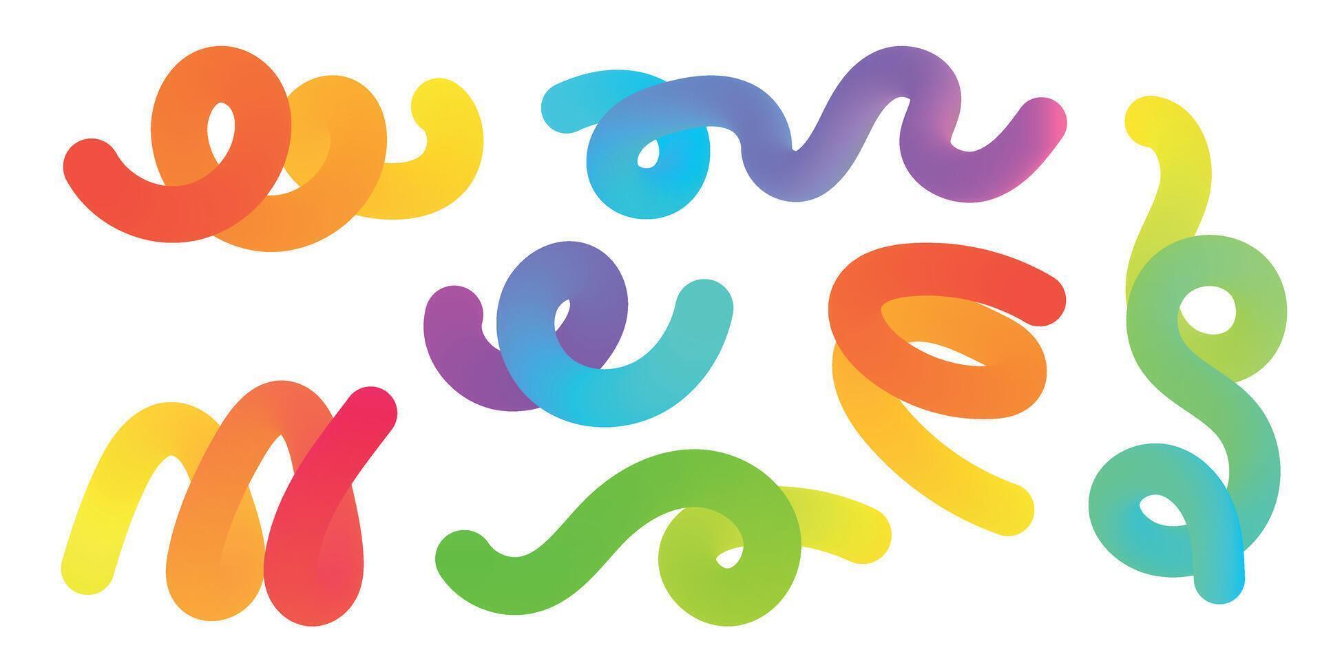 Abstract squiggly lines. Gradient geometric shape. Colorful swirl elements of rainbow palette. Design with wave spiral. Graphic Fluid spiral pattern. Childish illustration on white background. vector