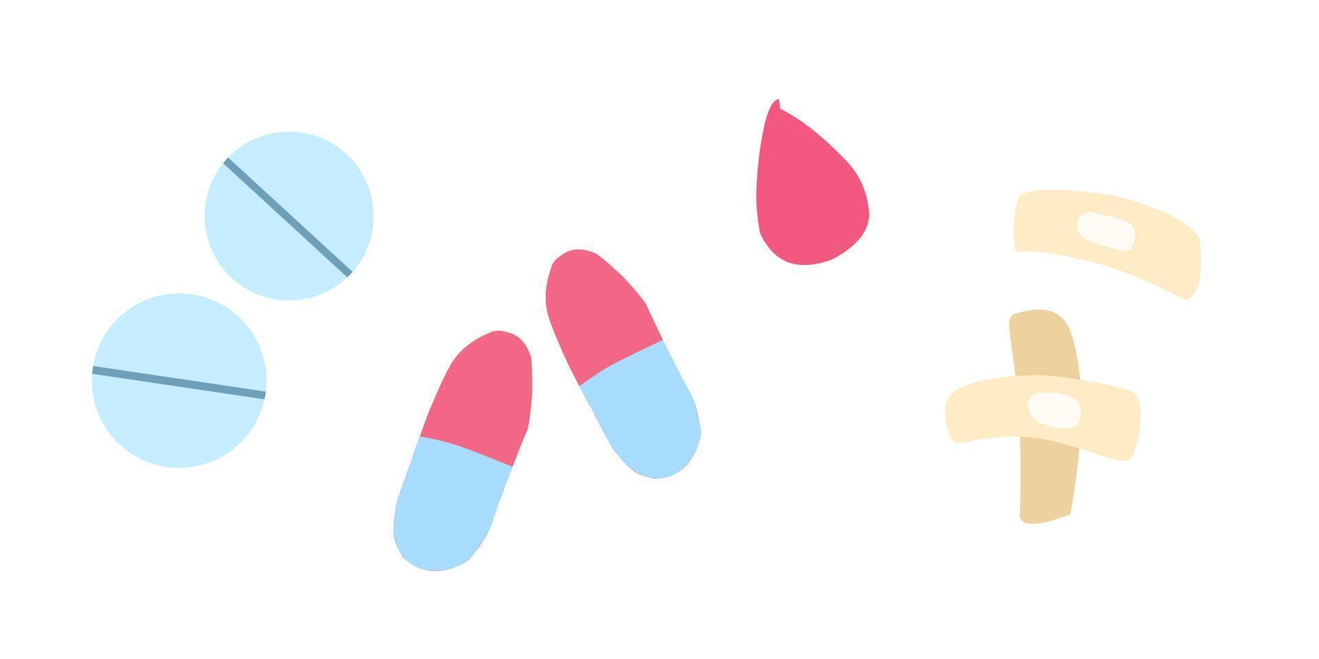 Treatment set of medical icons such as medicine, pill, medical pills, bandage, blood, band aid illustration. vector