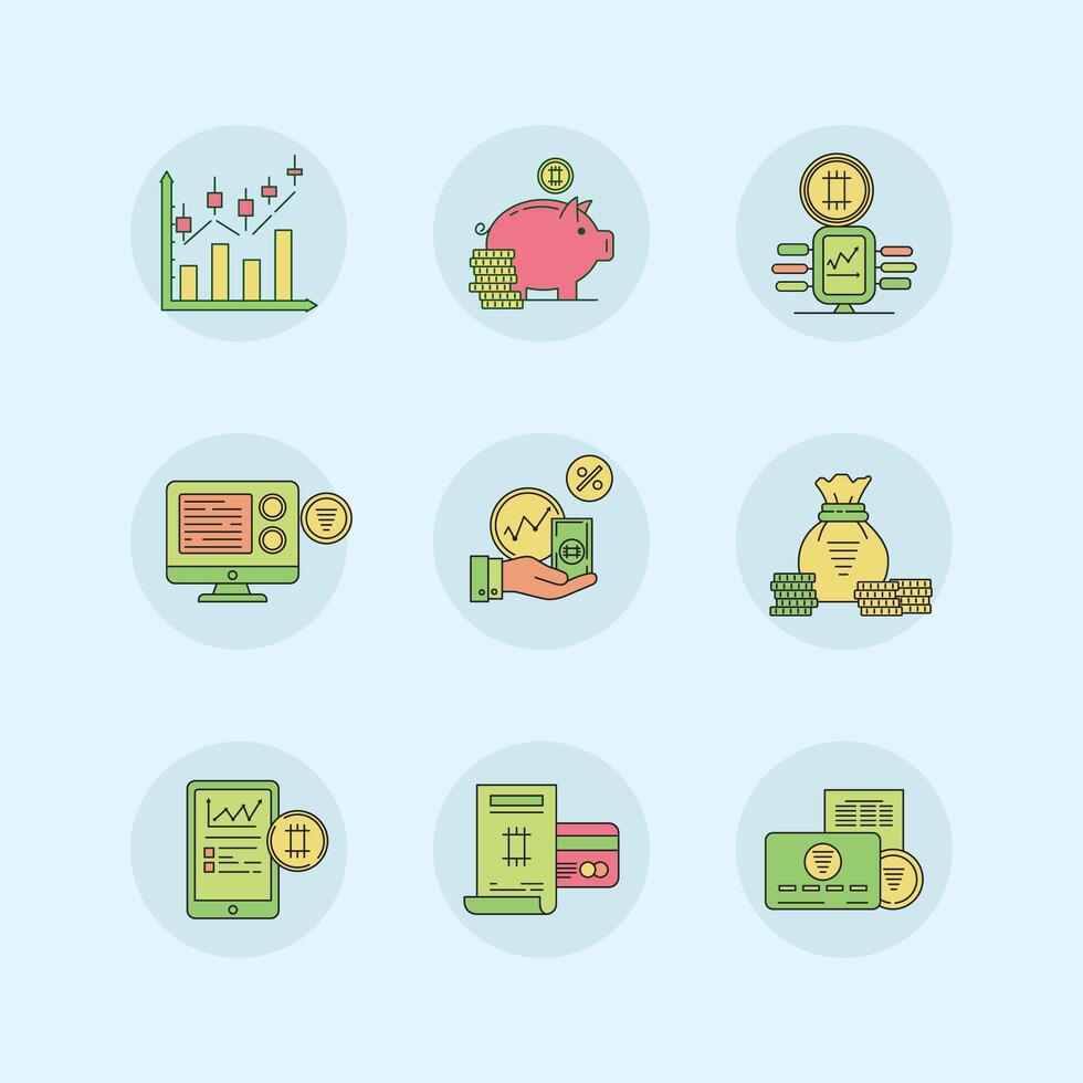 A professional set of 9 finance and investment-related icons, ideal for banking, fintech, and economic content. vector