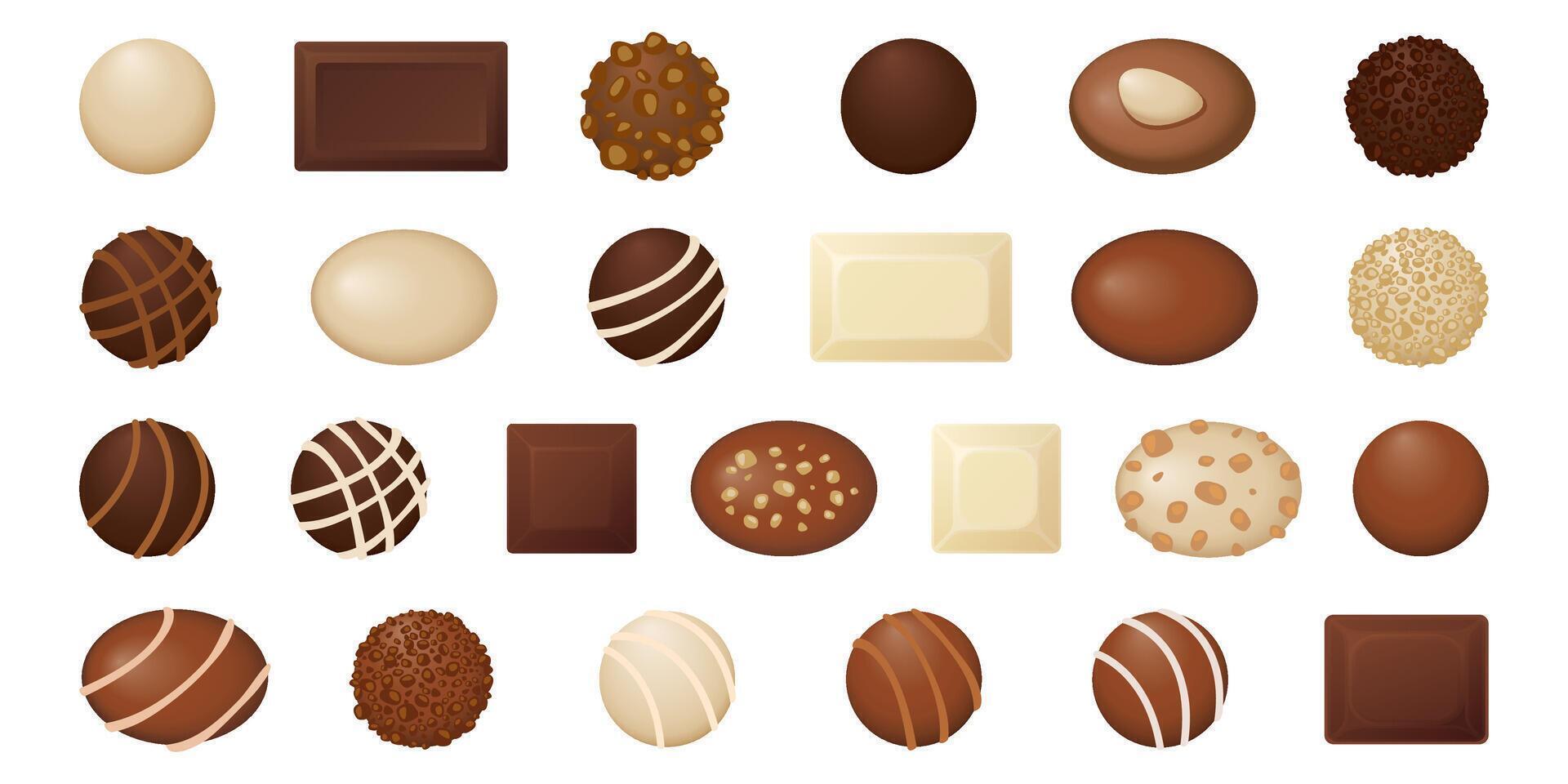 Chocolate pralines candies top view isolated collection graphic illustration. vector