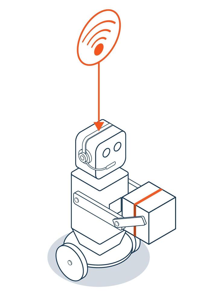 An autonomous wheeled robot delivers cardboard packages straight to customers doorsteps, showcasing modern automated courier technology for a smarter retail delivery experience. vector