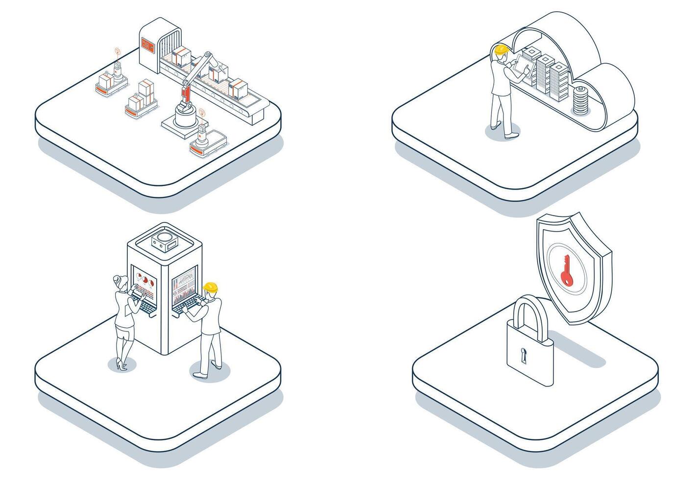 Smart Industry 4.0 transforms manufacturing by combining IoT, AI, cybersecurity, robots, big data and cloud computing for automated production. vector