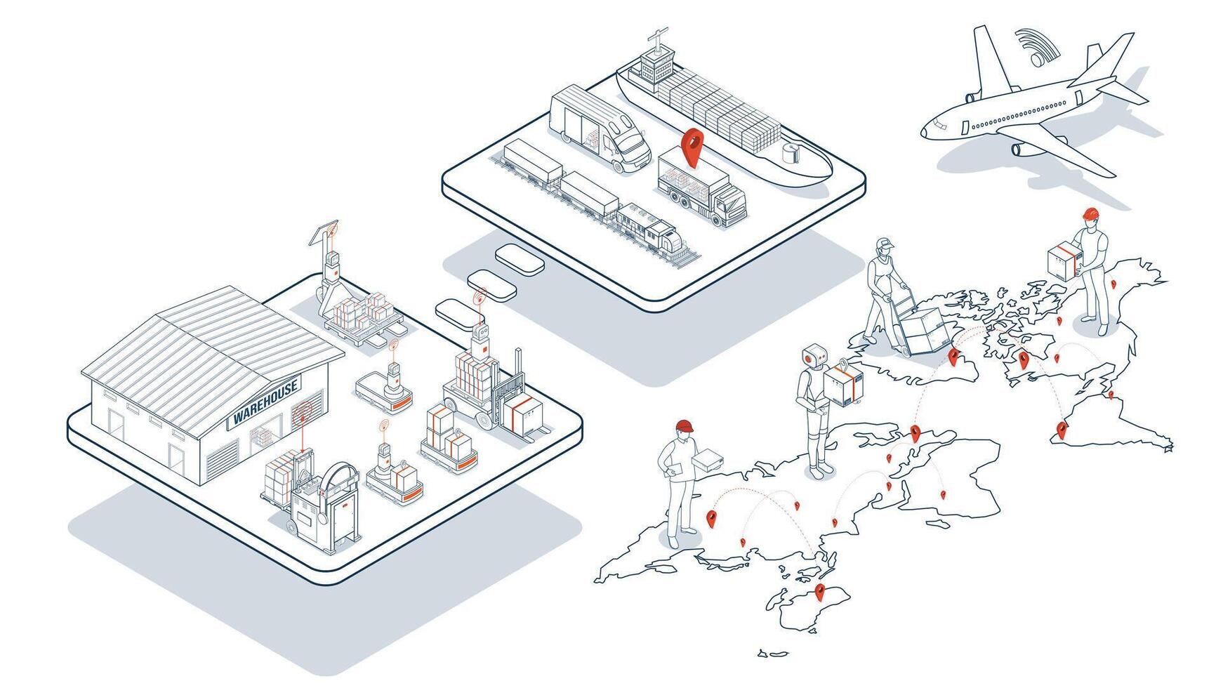 Autonomous Robots in Logistics. Streamlining product delivery from suppliers to customers through automated warehouse operations, trucks, and forklifts. vector
