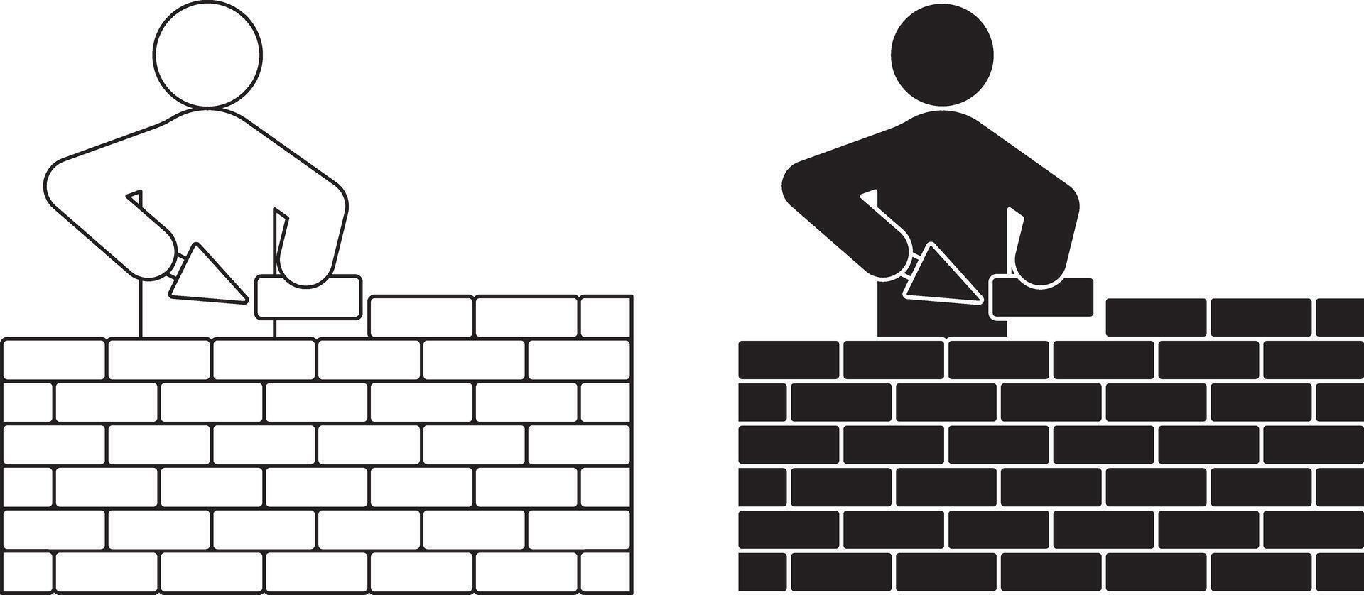 bricklayer building a wall icon. The figure is holding a trowel and placing a brick, representing a construction worker or mason vector