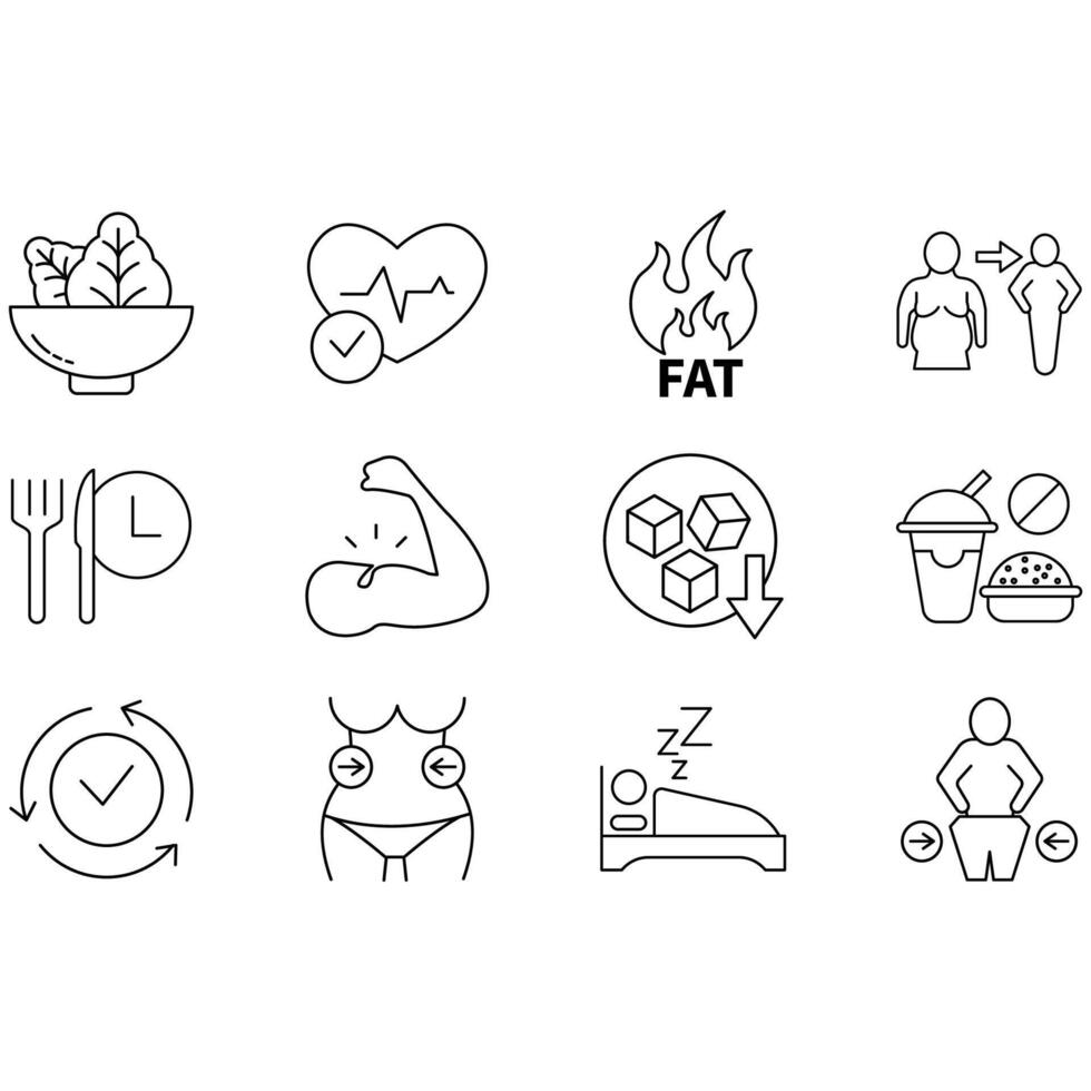 Weight loss icons set. .Set of editable stroke icons.Set of Weight loss vector
