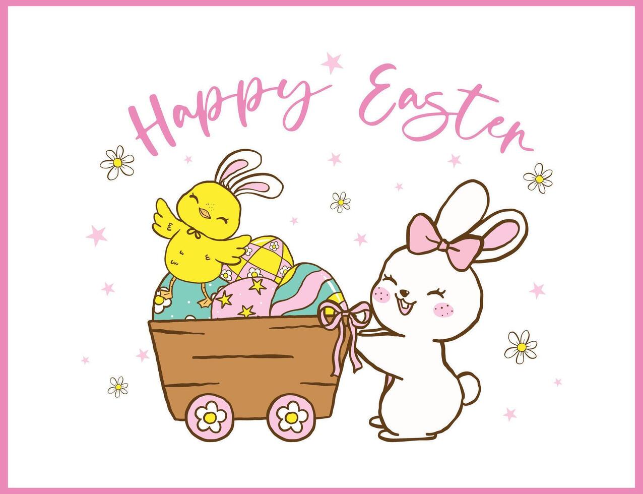 Groovy Retro Easter, Bunny and Chick with Eggs in wooden trolley, Cute Festive Hand Drawn Illustration vector