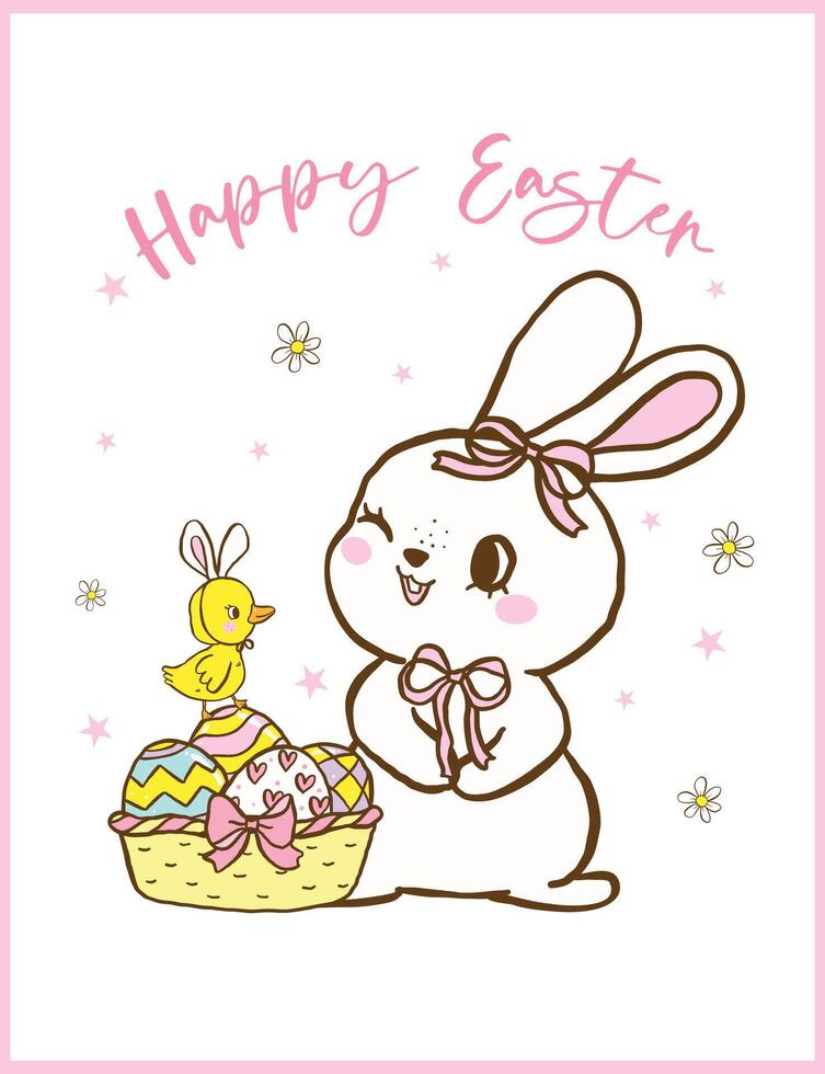 Retro Coquette Easter, Bunny and baby chicken with a basket of eggs, Cute Festive Hand Drawn Greeting Card Illustration. vector