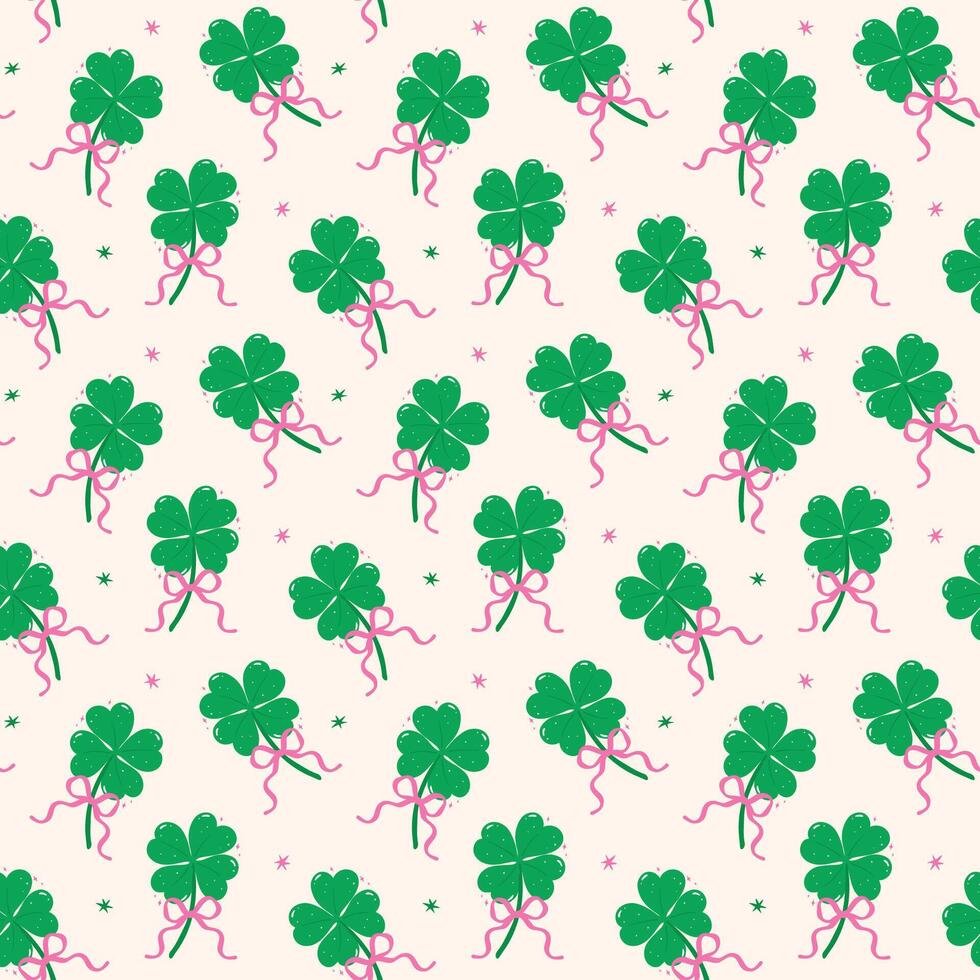 Retro St Patricks Seamless Pattern Day 4 Leaf Clover with Bow Girly wallpaper isolated on background vector