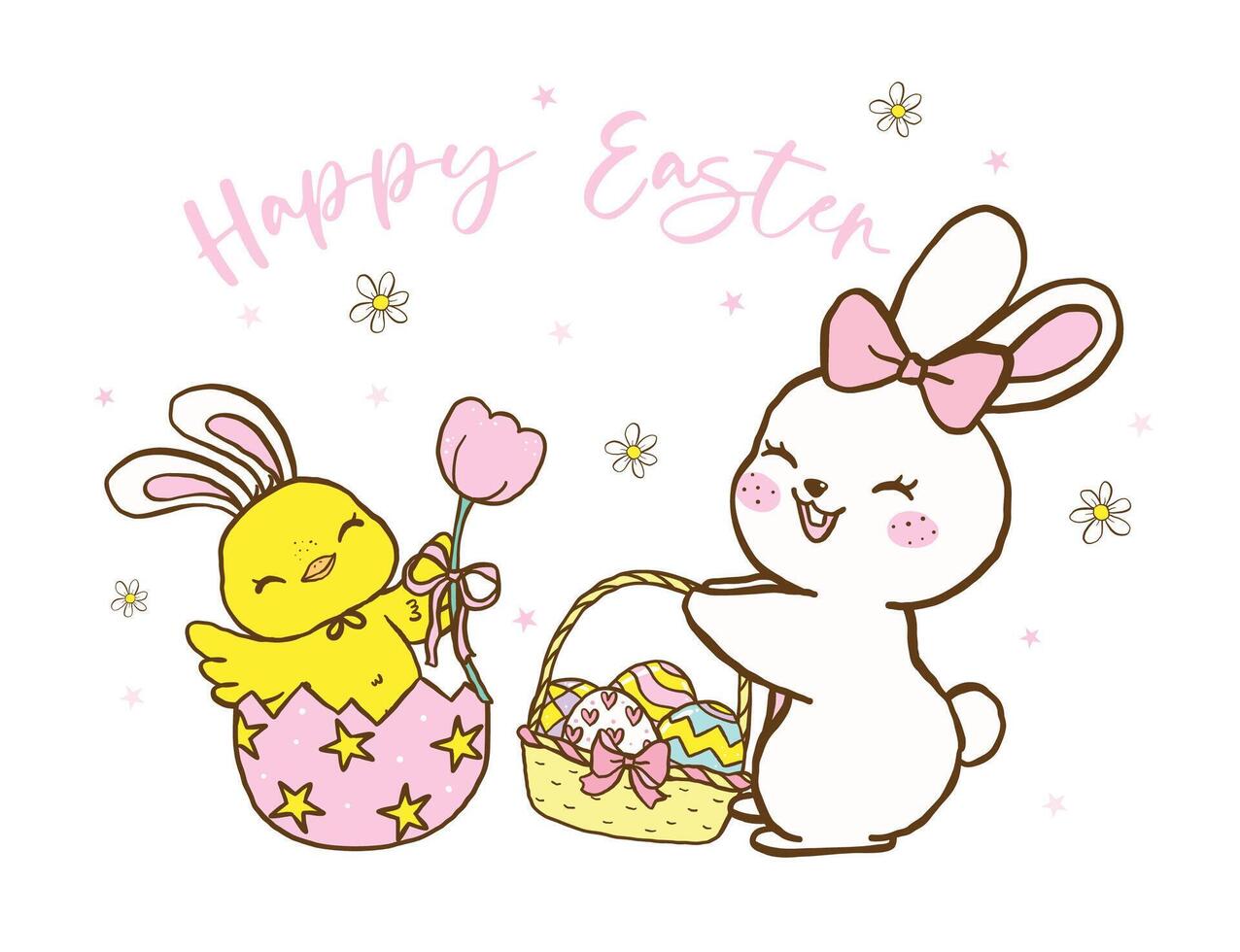 Pastel Coquette Easter Bunny and baby chicken with a basket of eggs, Cute Festive Happy Easter Hand Drawn Greeting Card Illustration. vector