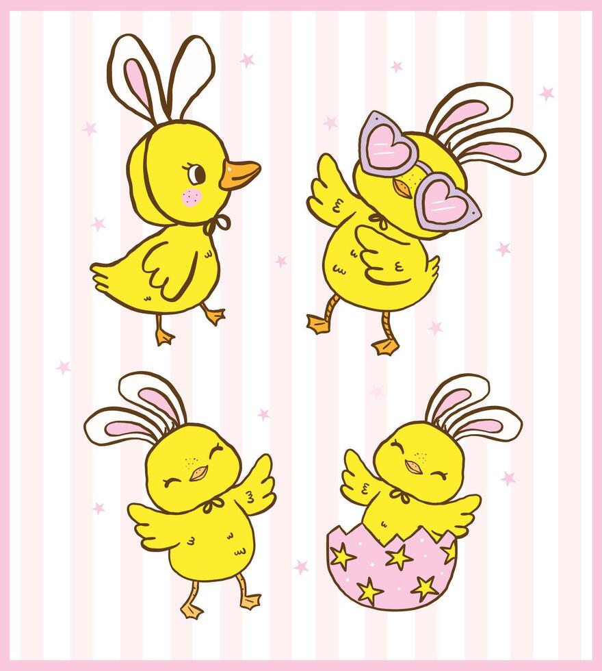 Pastel Coquette Happy Easter baby Chicken set, Cute Cartoon Hand Drawn greeting card Illustration vector