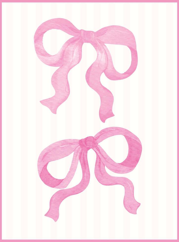 Set of Whimsical Coquette pink ribbon bow watercolor Hand Painted vector