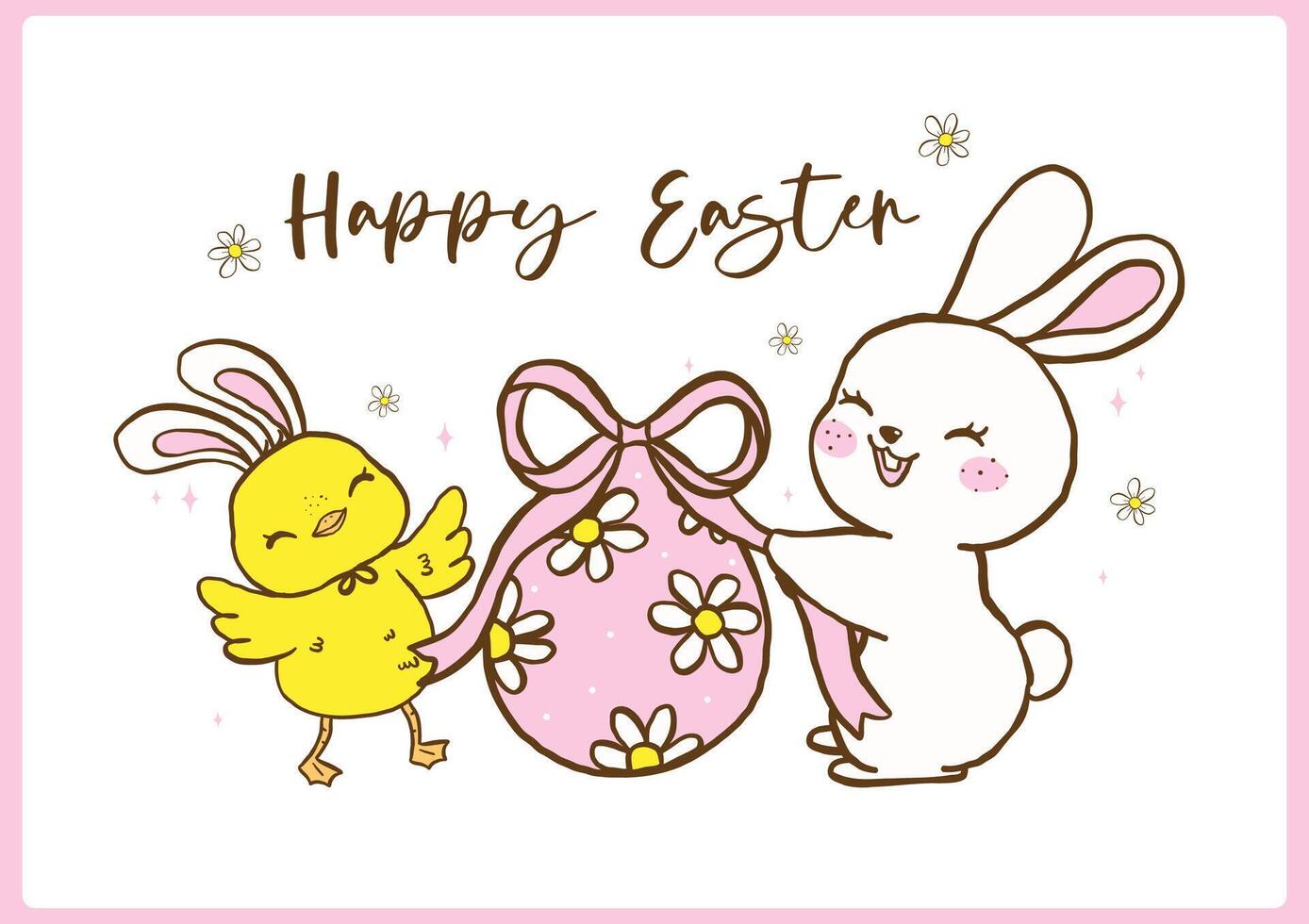 Coquette Spring Easter Bunny and baby chicken with Egg, Cute Festive Happy Easter Hand Drawn Greeting Card Illustration vector