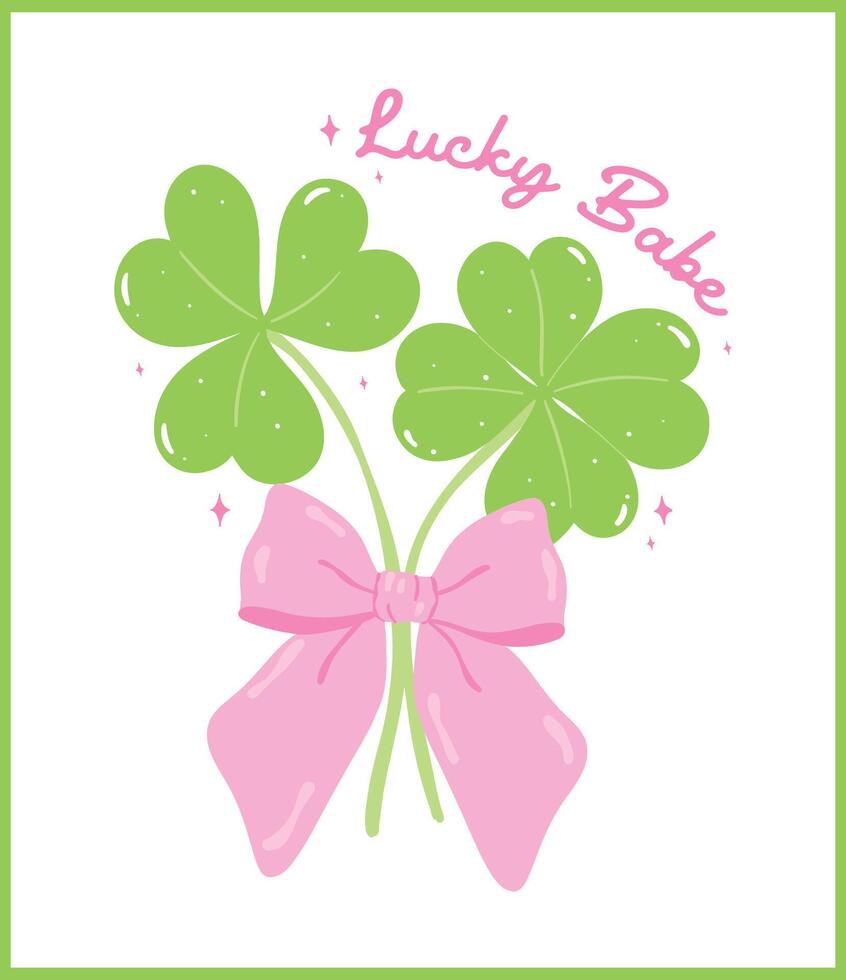 Coquette St Patricks Day 4 Leaf Clover with Bow Retro Lucky Babe Girly Whimsical Hand Drawn vector