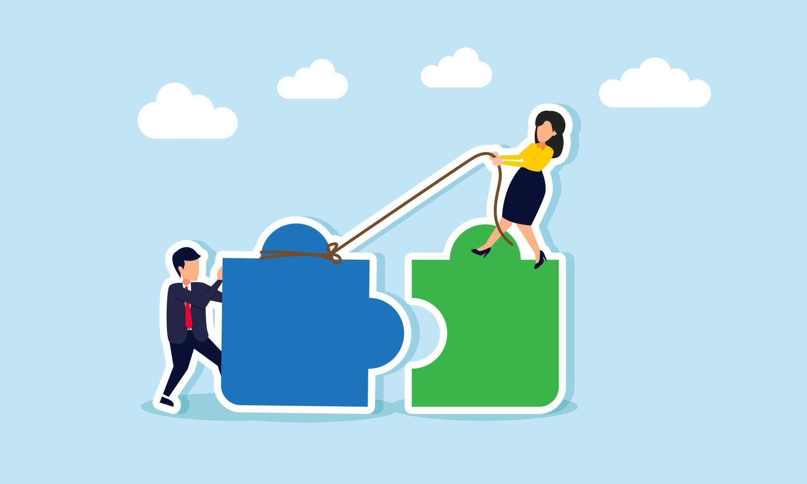 A businessman collaborates with a businesswoman to match puzzle pieces perfectly, illustration of teamwork and business partnership collaboration to achieve shared goals vector