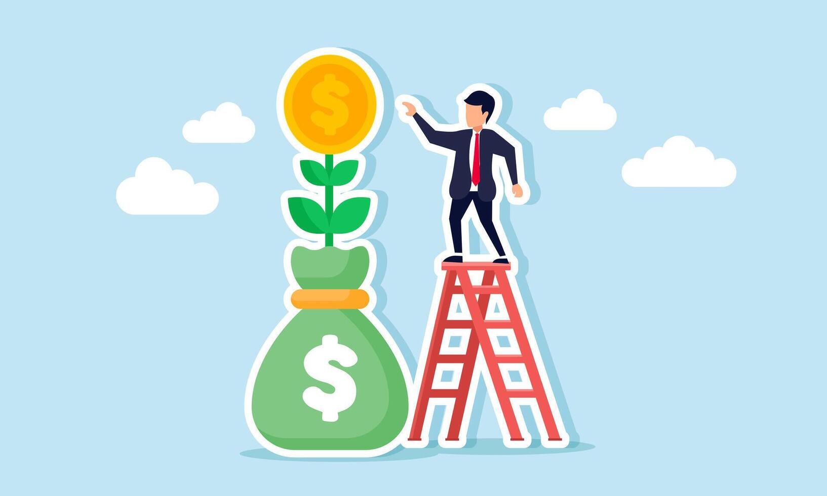 A businessman climbs a ladder to harvest falling dollar coins growing and blooming from a money bag, illustration of taking profit from business investment vector