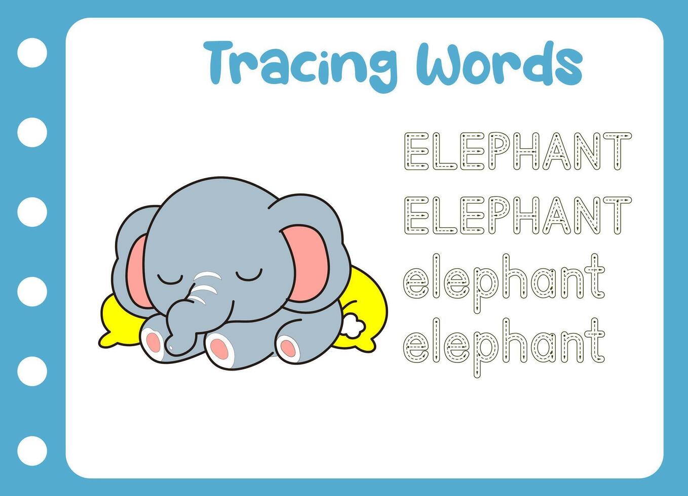 tracing the word of elephant. animal cute vector