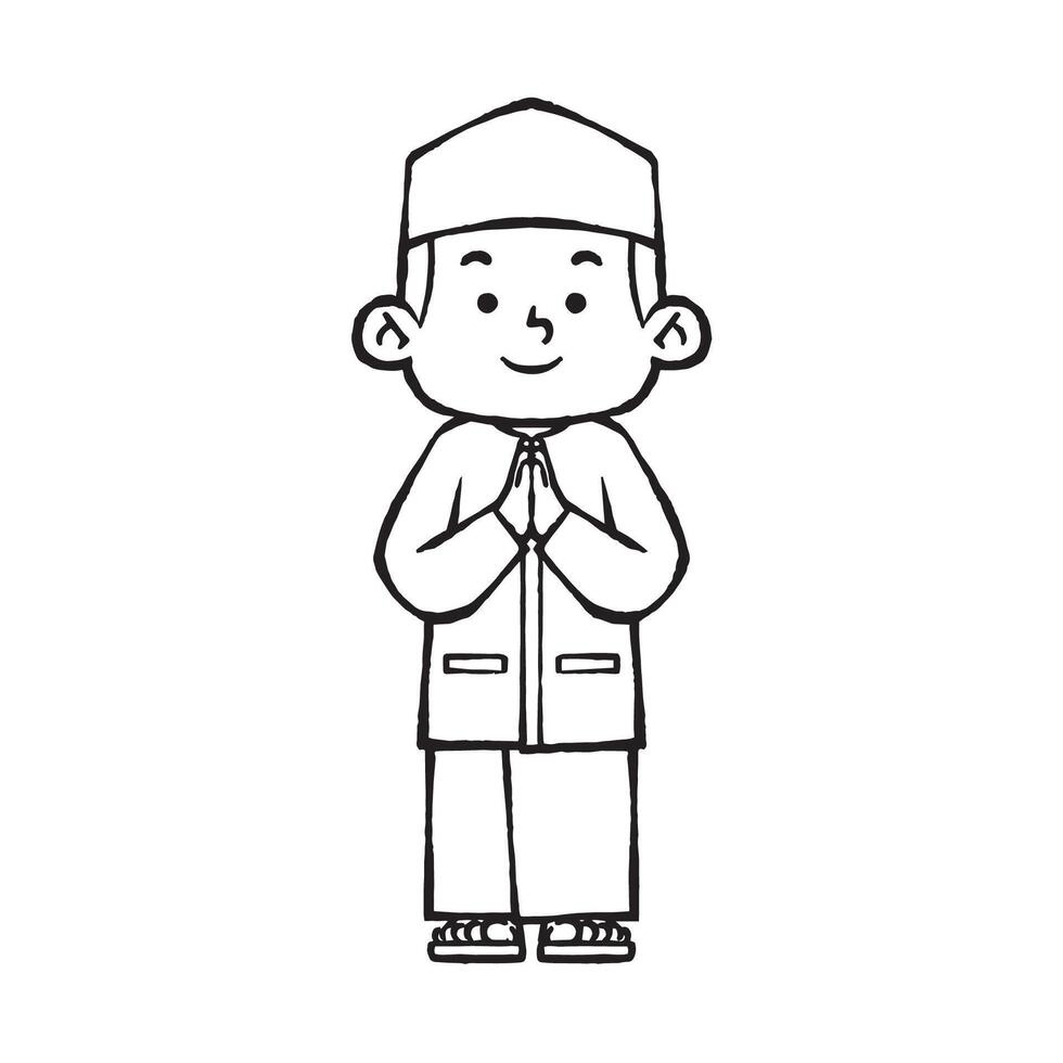 Indonesian muslim boy in greeting pose line art vector