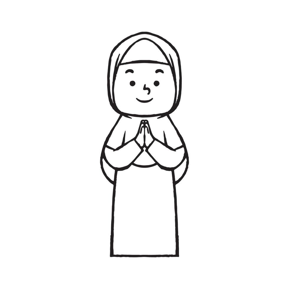 Muslim girl in greeting pose line art vector