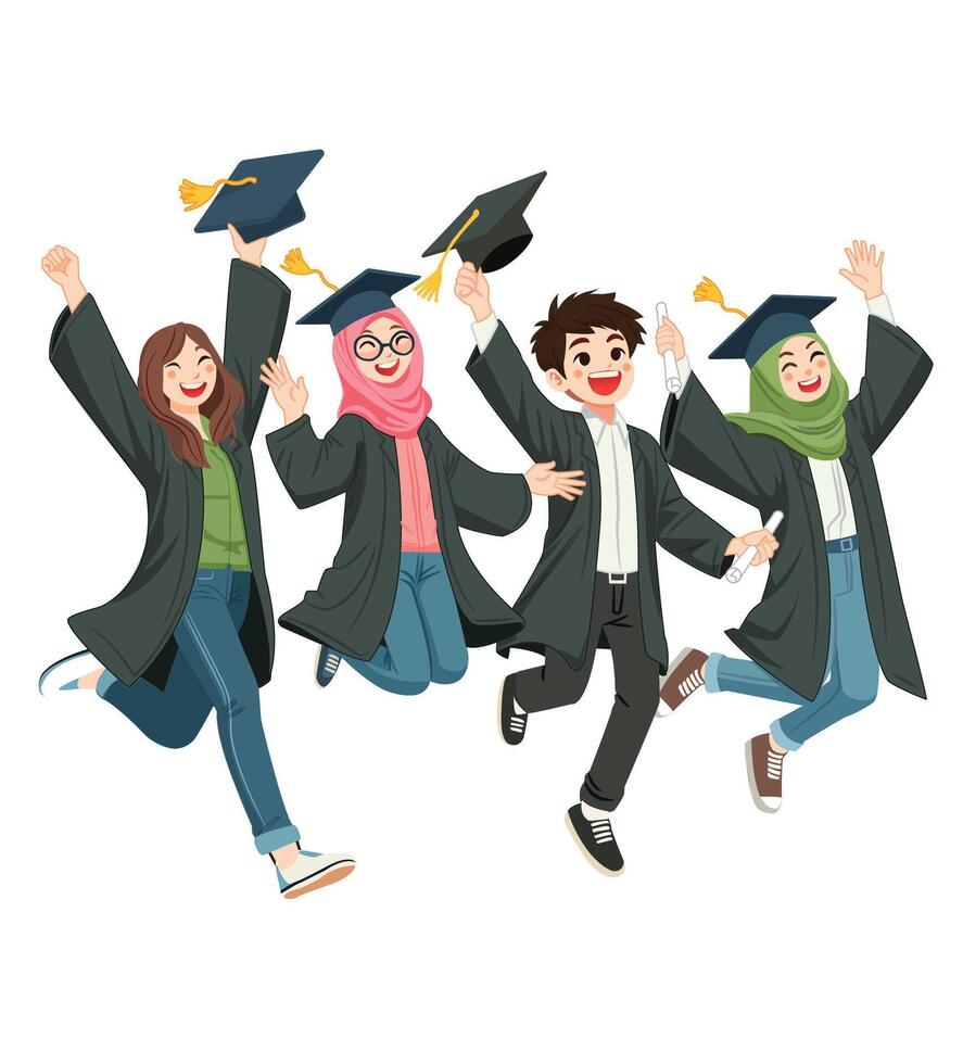 Graduating students happily jumped together in the air vector