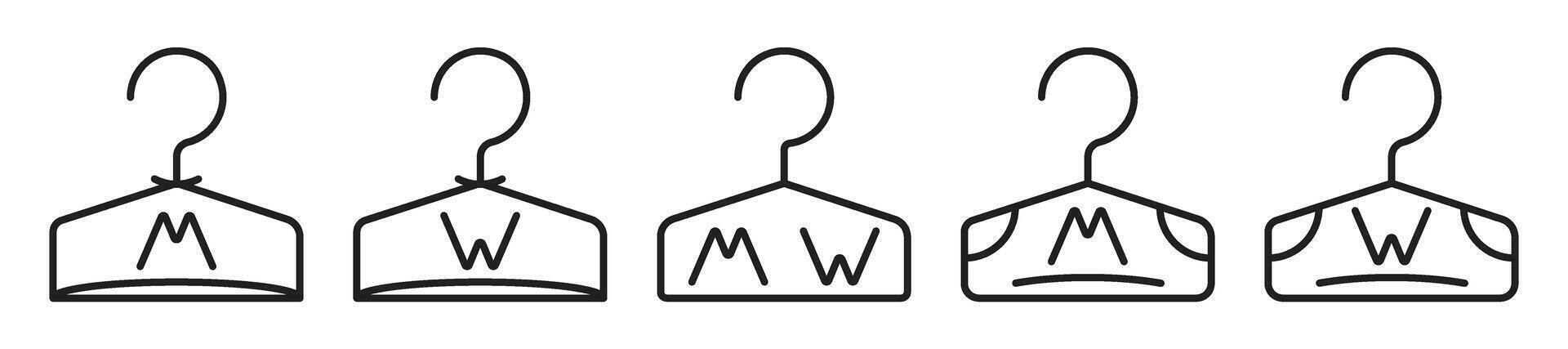 Clothes hanger symbols, changing room signs, black editable stroke icon set, simple monochrome pictograms for a locker, cloakroom and wardrobe, outline illustrations vector