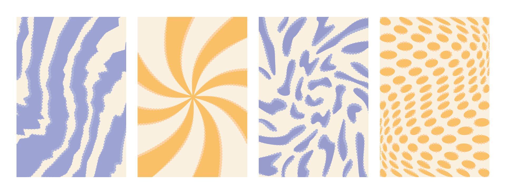 Blue and yellow set of hippie 70s posters in groovy style. Four trendy psychedelic cards, Y2k aesthetic backgrounds, twisted or distorted effect vector
