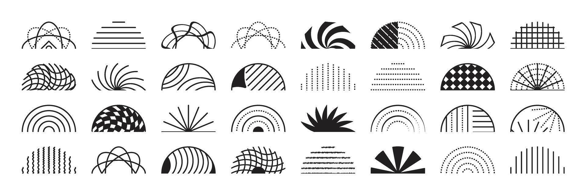 Black line monochrome semicircle set for y2k designs, abstract radial forms vector