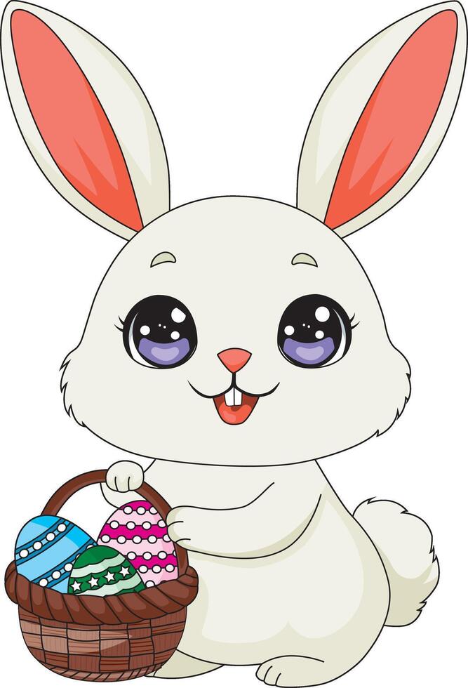 Cute White Bunny With Egg Basket Easter Illustration vector