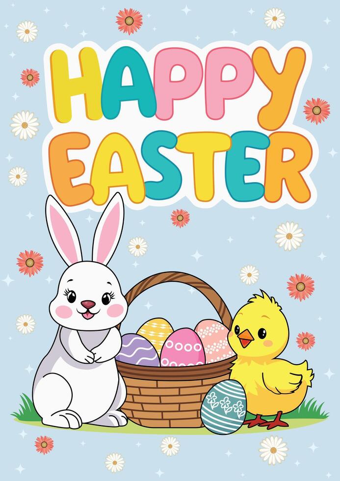 Happy Easter Background Rabbit Egg Basket Chick Graphic Art vector