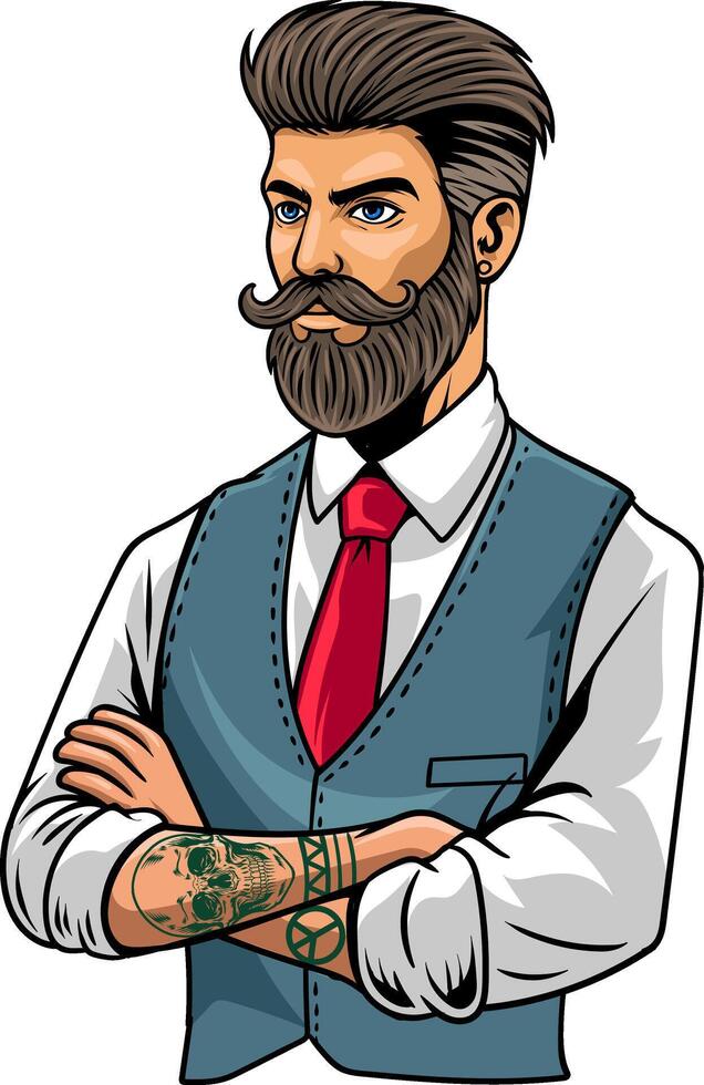 Retro Barbershop Hipster Beard Man with cross arms gesture Illustration vector