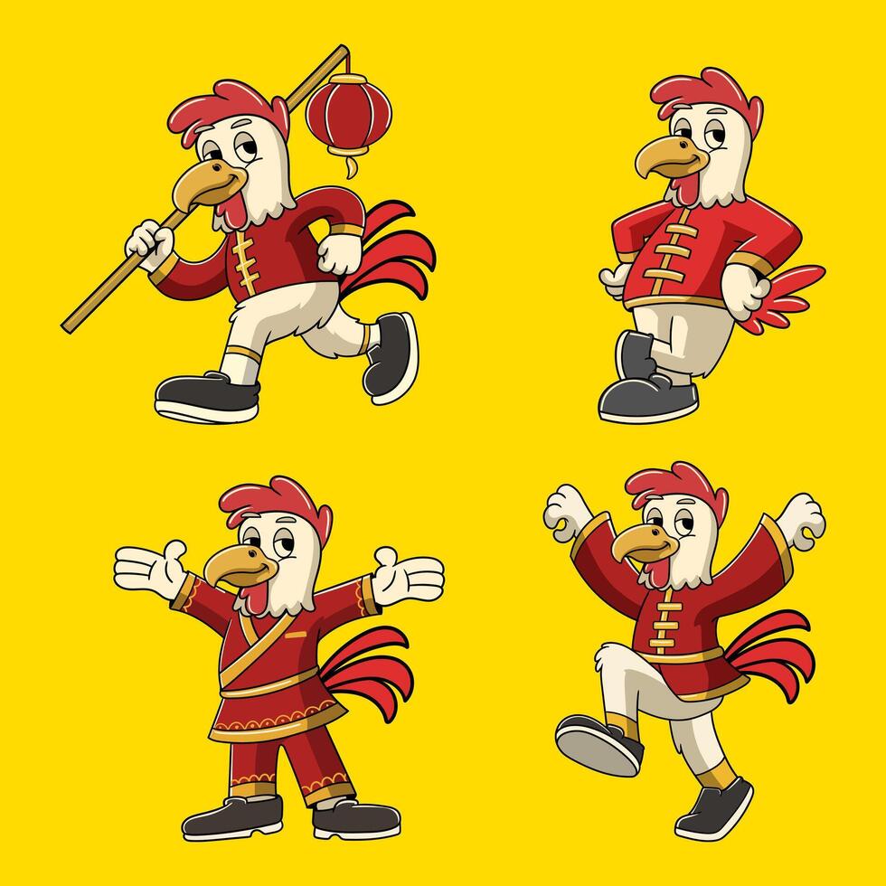 Set of Chinese New Year Rooster Zodiac Cartoon Character in Retro Vintage Illustration vector
