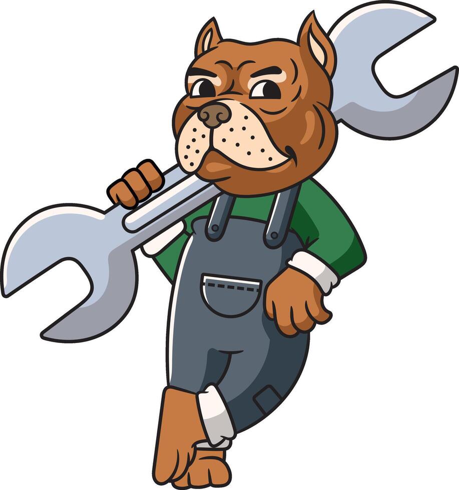 Bulldog Mechanic holding Wrench or Spanner Mascot Cartoon Character Illustration vector