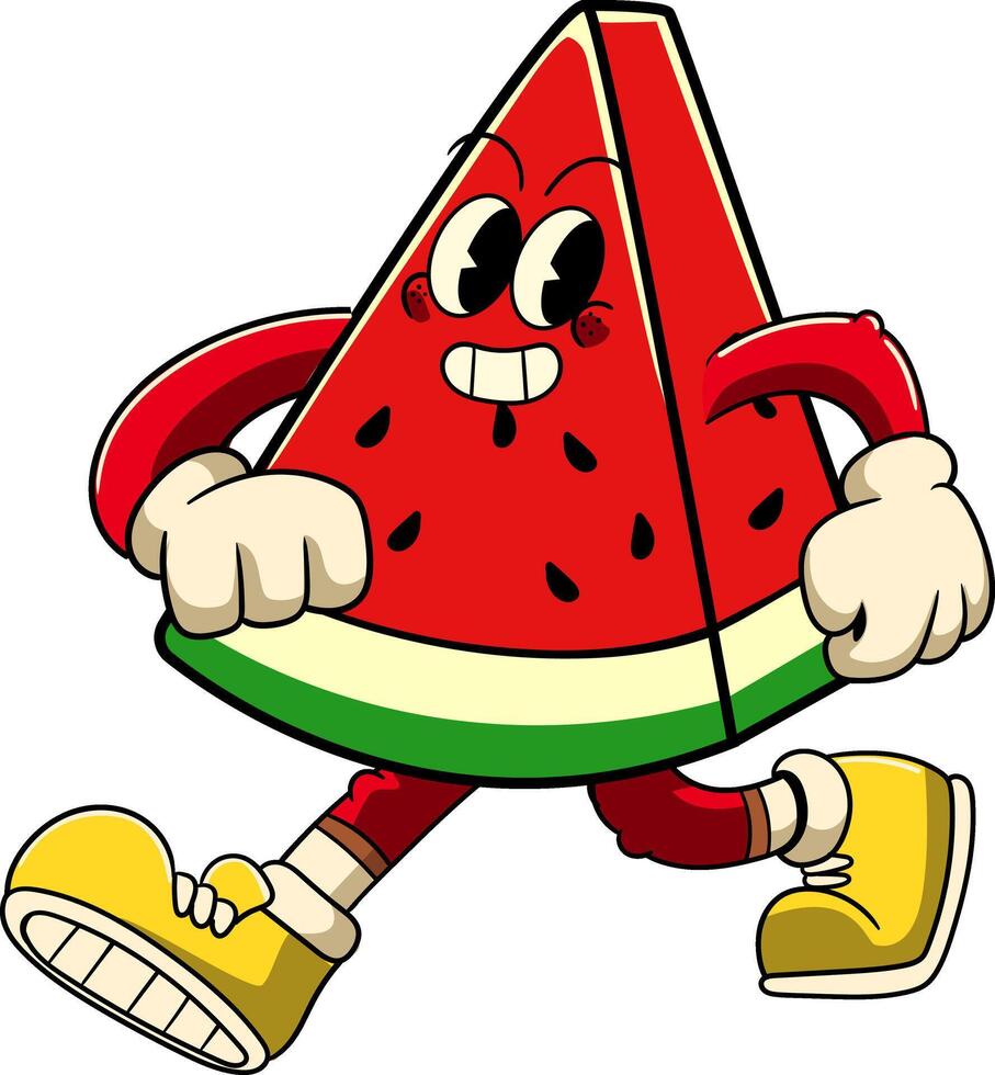 Walking Watermelon Tropical Summer Vibes Cartoon Character in Retro Vintage Style vector