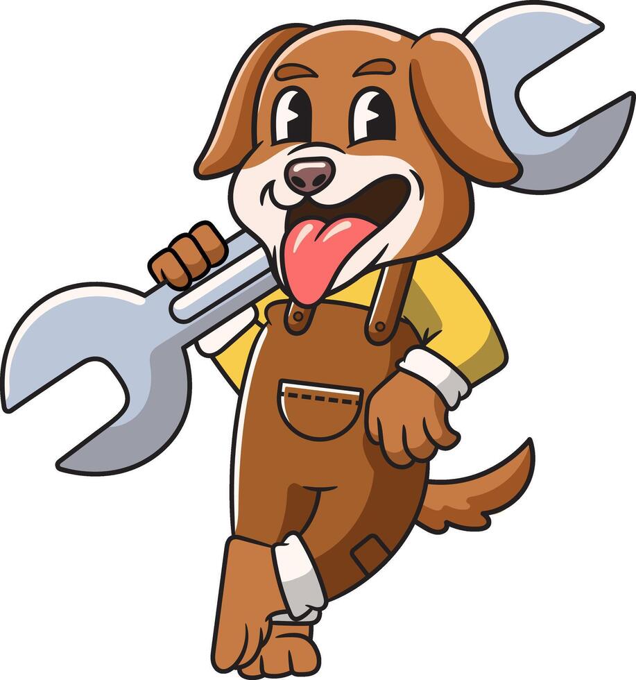 Beagle Dog Garage Mechanic holding Wrench or Spanner Mascot Cartoon Character Illustration vector