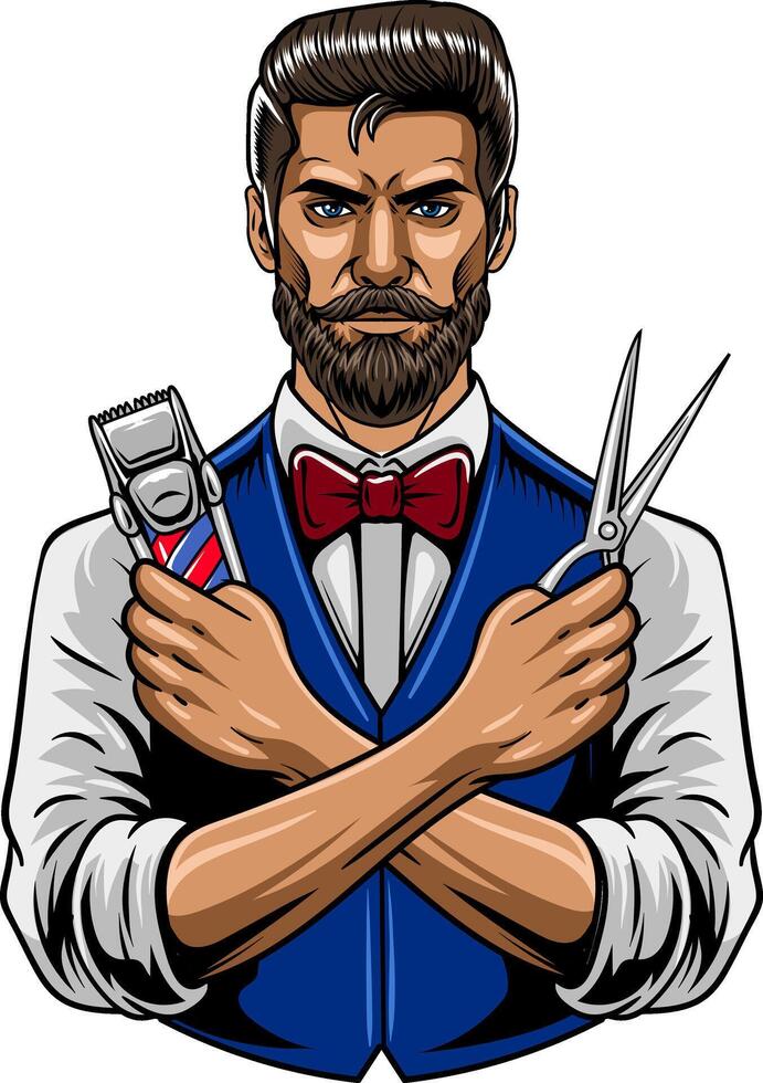 Retro Barbershop Masculine Beard Man holding Scissor and Electric Trimmer Elements Illustration vector