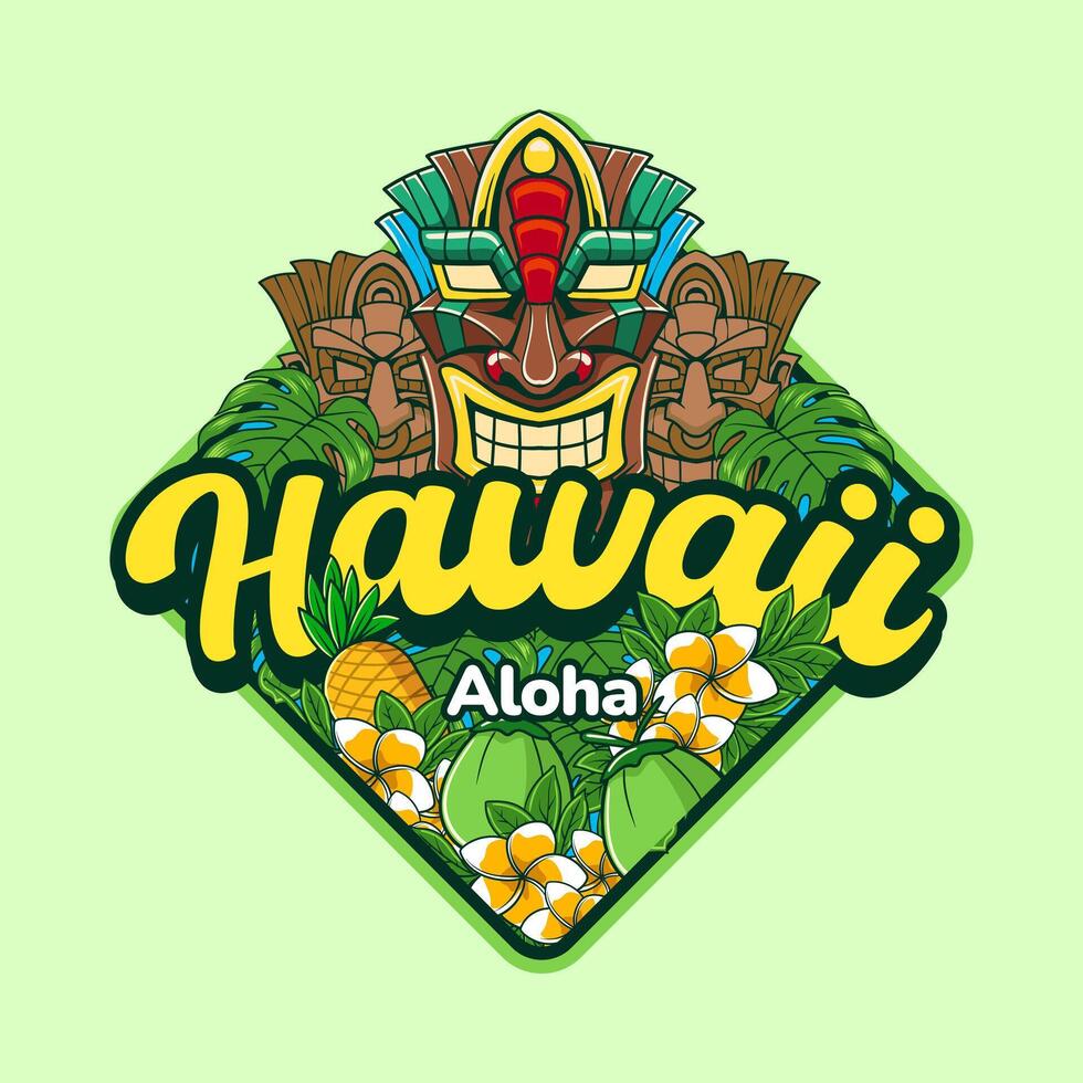Aloha Hawaiian Tiki Mask Mascot Cartoon Character Illustration for sticker, badge, patch, banner, greeting card, invitation vector