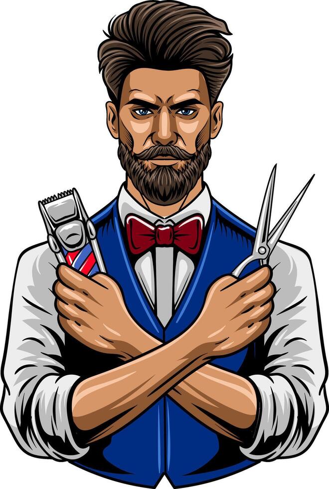 Barbershop Masculine Beard Man holding Scissor and Electric Trimmer Elements Illustration vector