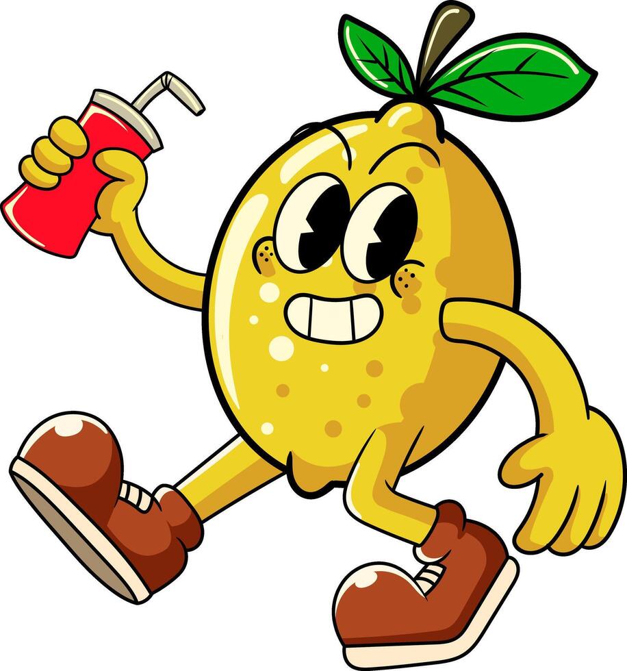 Happy Lemon holding soda can Tropical Summer Vibes Cartoon Character in Retro Vintage Style vector